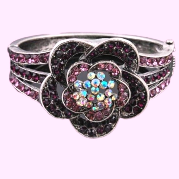 Purple Diamante Crystal Flower Cuff Bangle - Picture 12 of 13